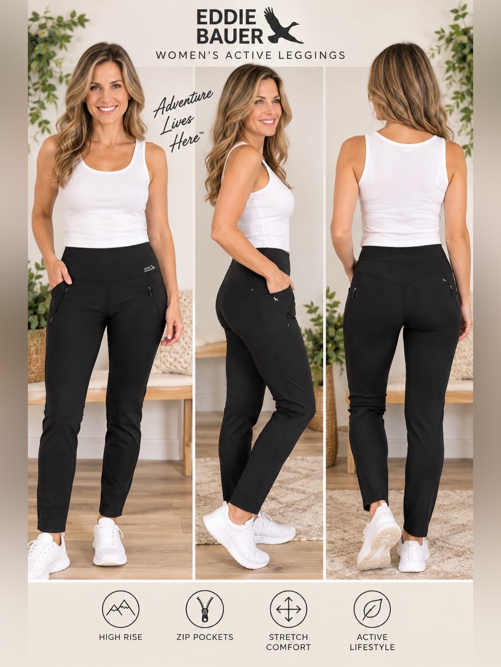 NWOT Eddie Bauer Women’s Trail Tight Black Leggings Zip Pockets Small